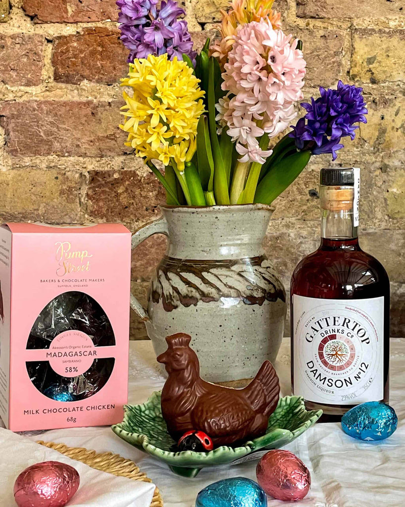 Easter chocolate chicken paired with Damson vodka liqueur gift set